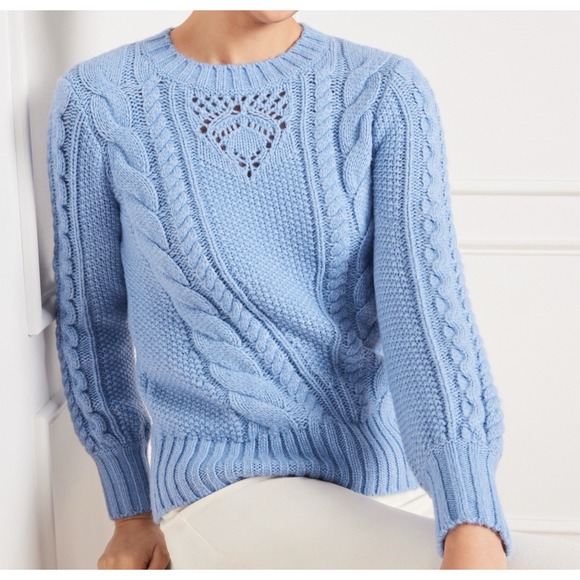 Talbots Sweaters - Talbots Balloon Sleeve Cable Knit Sweater Women Sz L Blue Wool Blend Crew Neck